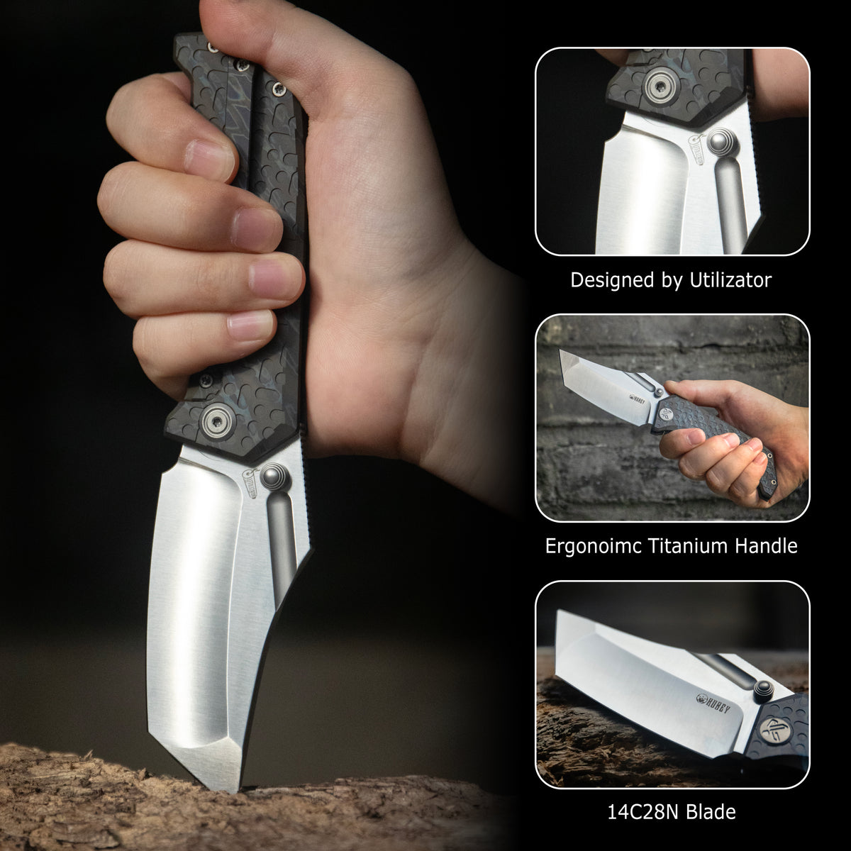 Kubey Hamster Frame Lock Folding Knife Gray Titanium Handle 3.46" Satin 14C28N KU402A