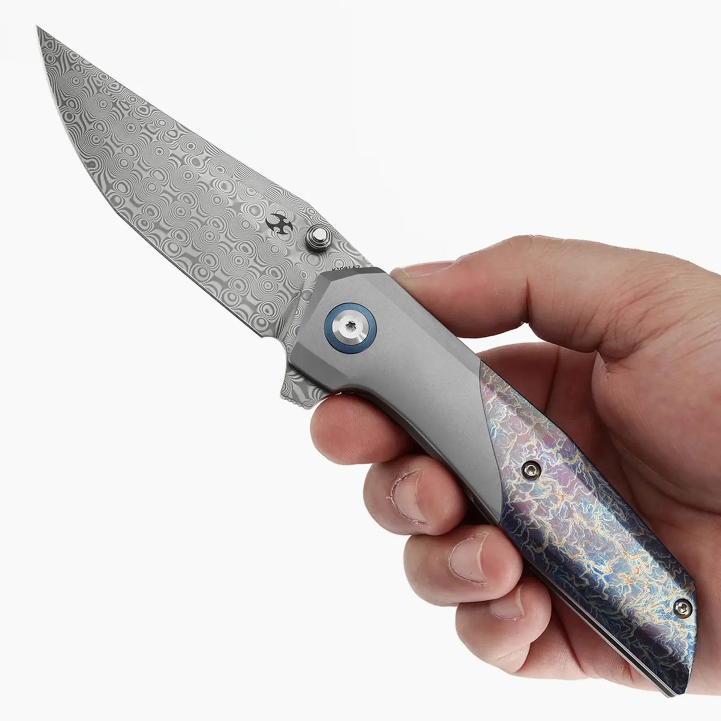 Kansept Nahual K2125V3 – Damascus Blade, Blackwash Titanium & Copper Carbon Fiber Handle with Crossbar Lock
