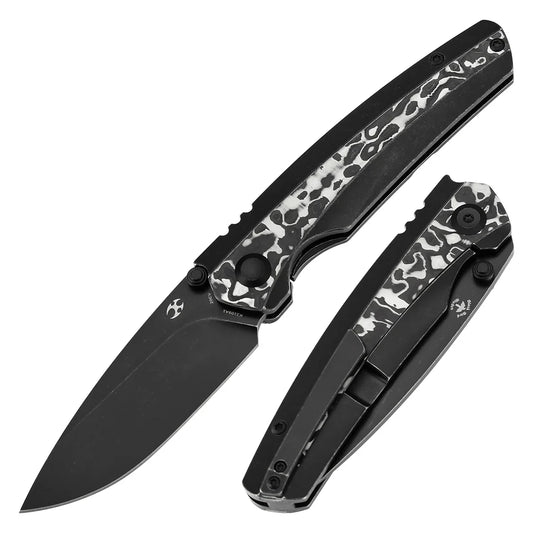 Kansept Thumb Stub Raven K2109A1 â€“ 3.13" CPM 20CV Stonewashed Blade, Blackwash Titanium & Black/White Nebula Carbon Fiber, Frame Lock