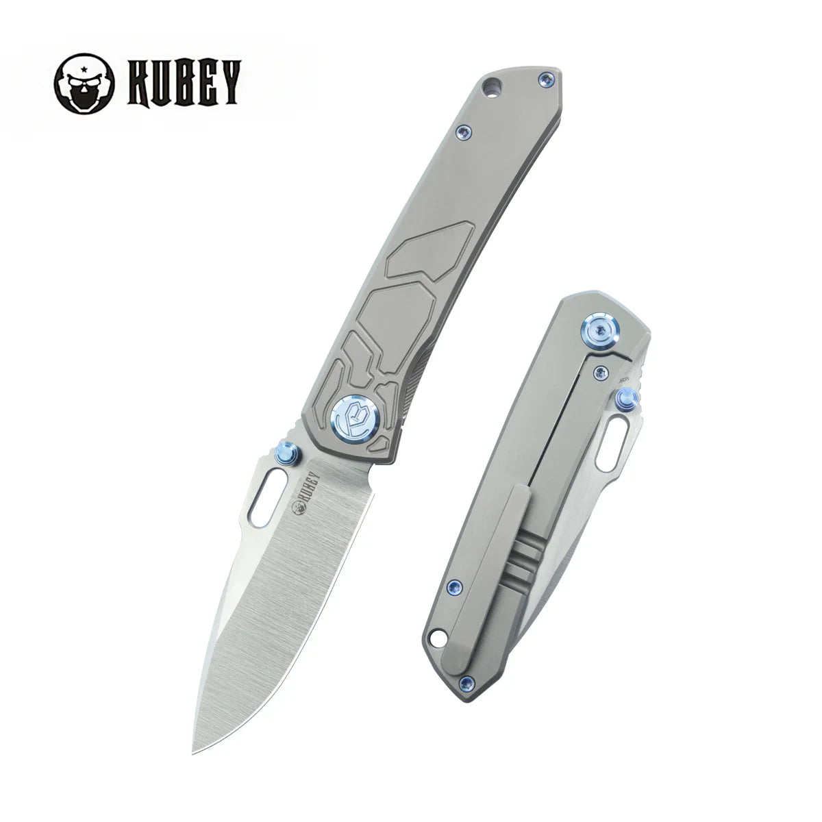 Kubey Blackout Folding Knife 3.15" M390 Belt Satin Drop Point Blade Gray Titanium Handle Frame Lock KB259A