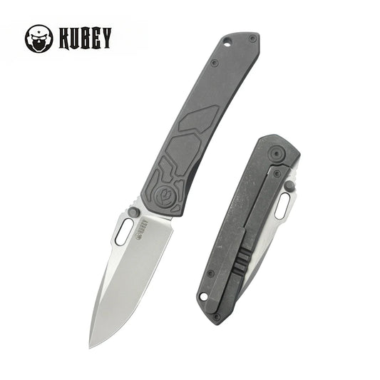 Kubey Blackout Folding Knife 3.15" M390 Satin & Sandblast Drop Point Blade Gray Titanium Handle Frame Lock KB259B