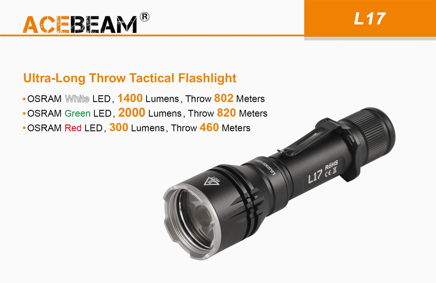 Acebeam L17 1400 Lumen Tactical Flashlight White OSRAM LED (2,631 feet of throw) Uses 1 * 18650 Battery