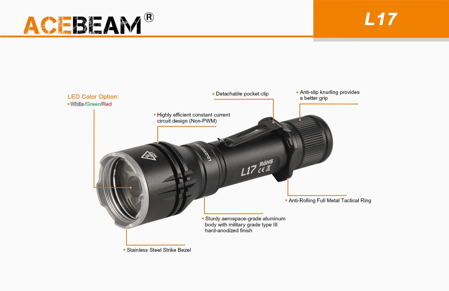 Acebeam L17 1400 Lumen Tactical Flashlight White OSRAM LED (2,631 feet of throw) Uses 1 * 18650 Battery