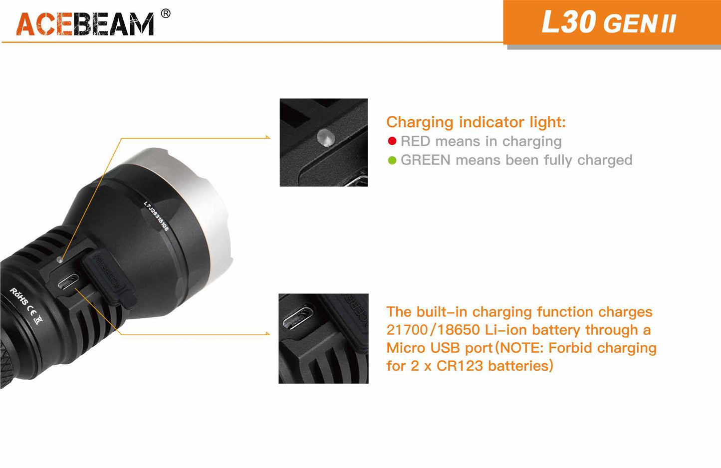 Acebeam L30 4,000 lumen Gen II 6000k Rechargeable Flashlight 1 x 21700 Battery