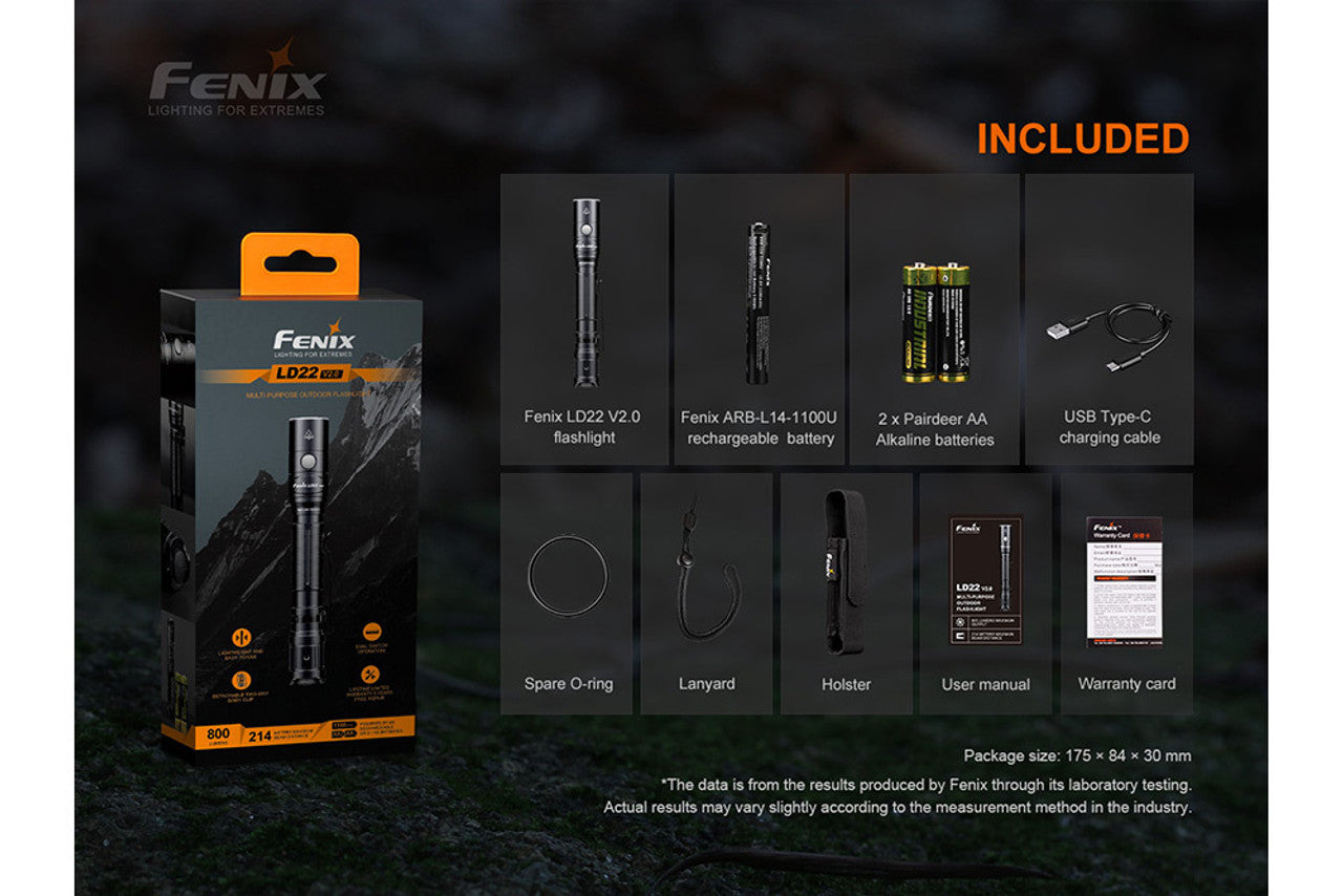 Fenix LD22 v2 800 Lumen Compact Pen Style Flashlight USB-C Rechargeable Battery Included