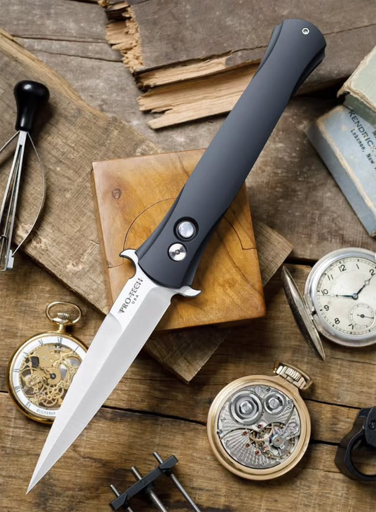 Pro-Tech Large Don 4.5in Satin Blade Aluminum Black Handle w/ Mother of Pearl Button 1921-MOP