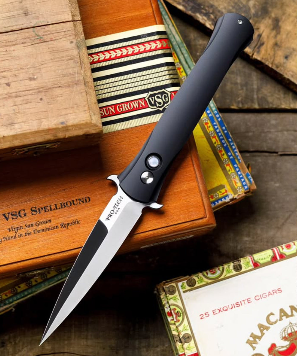 Pro-Tech Large Don 4.5in Satin Blade Aluminum Black Handle w/ Mother of Pearl Button 1921-MOP