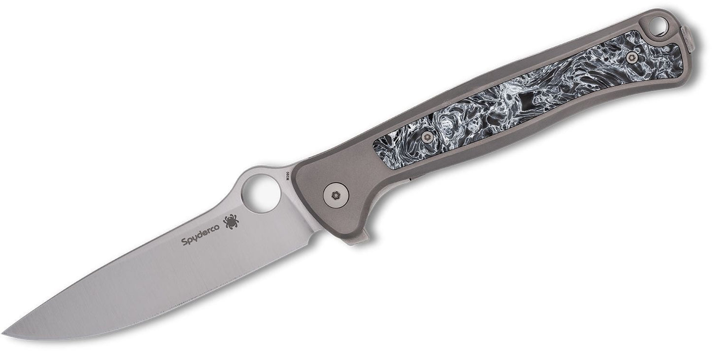Spyderco/LionSTEEL Slym Frame Lock Flipper – 3.42" M390 Stonewashed Drop Point Blade, Titanium Handles with Dark Matter Polar FatCarbon Inlay – C271TIP