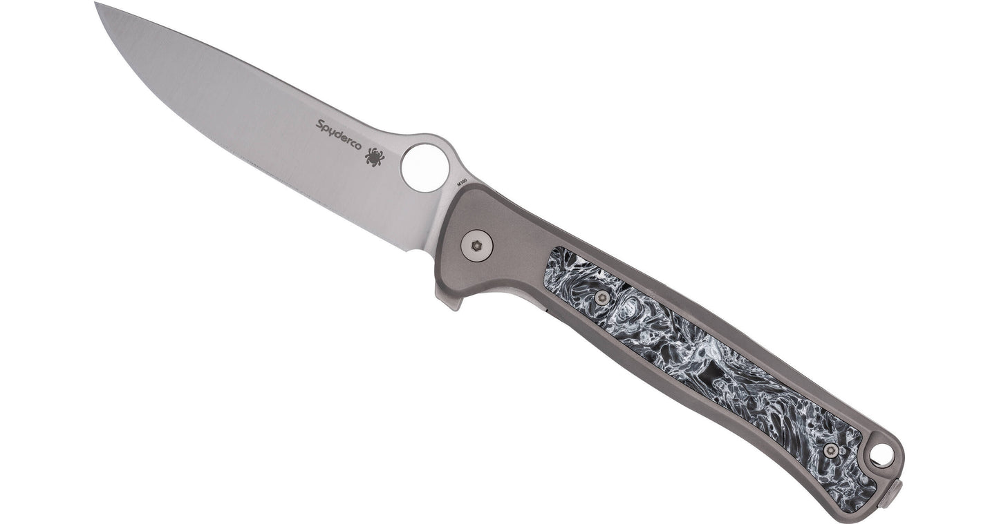 Spyderco/LionSTEEL Slym Frame Lock Flipper – 3.42" M390 Stonewashed Drop Point Blade, Titanium Handles with Dark Matter Polar FatCarbon Inlay – C271TIP