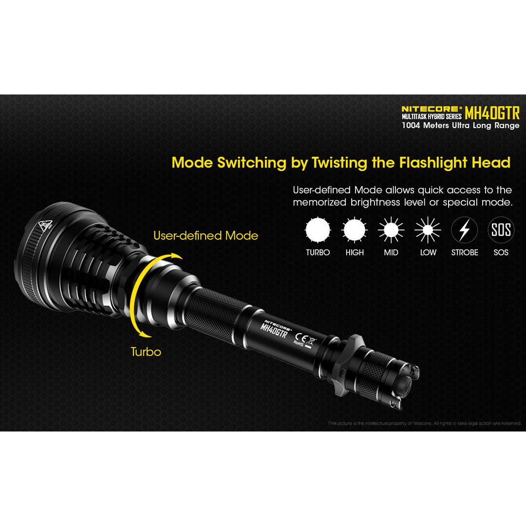 Nitecore MH40GTR 1200 Lumen Ultra Thrower Rechargeable Flashlight 2 x 18650 Batteries CREE XP-L HI V3 LED