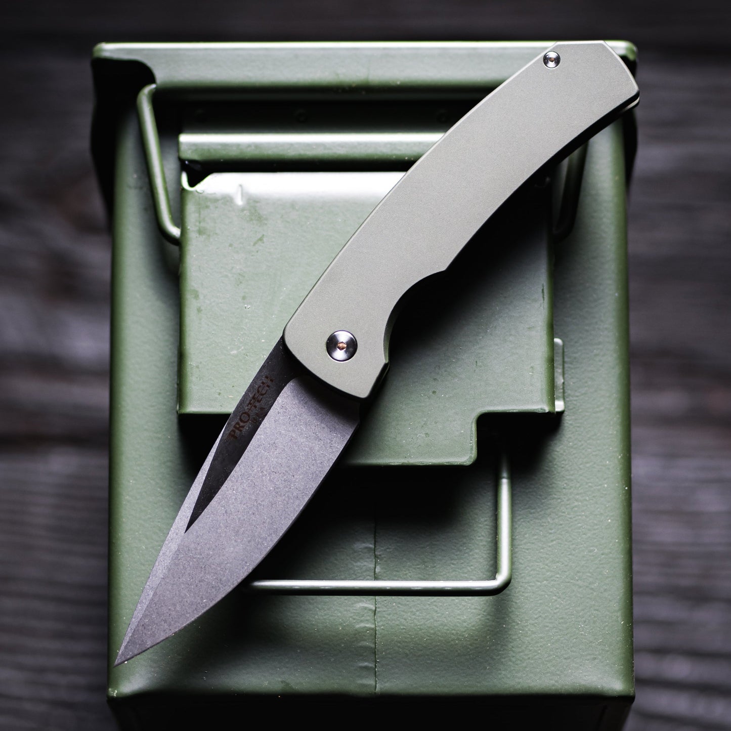 Pro-Tech Knives Magic 2 Whiskers 3.75in 154cm Stonewashed Blade Solid Green Handles M2601-Green