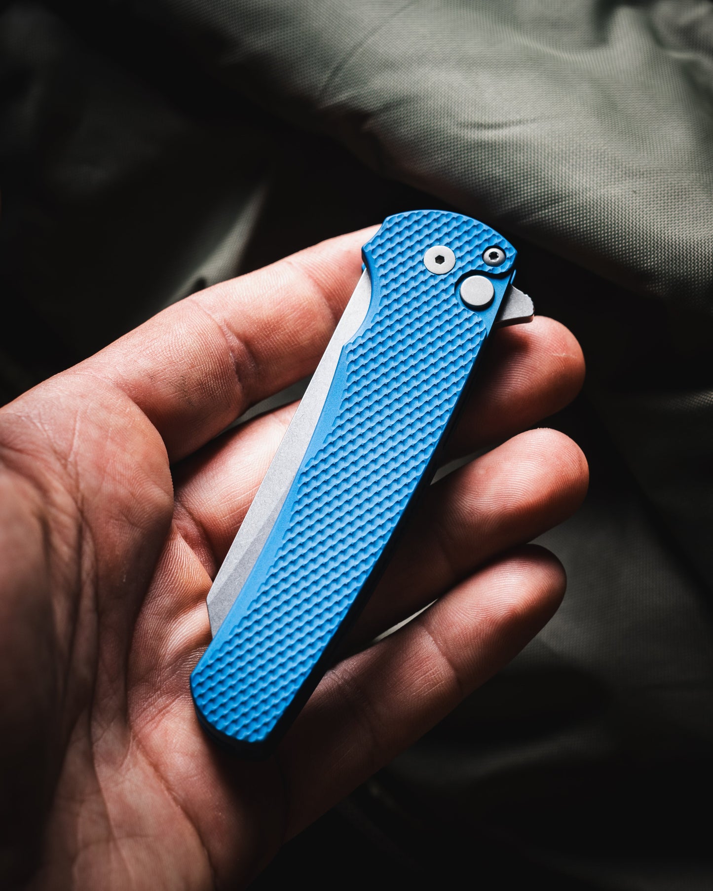 Pro-Tech Malibu Folding Knife Textured Blue Handles Stonewashed Magnacut Reverse Tanto Blade
