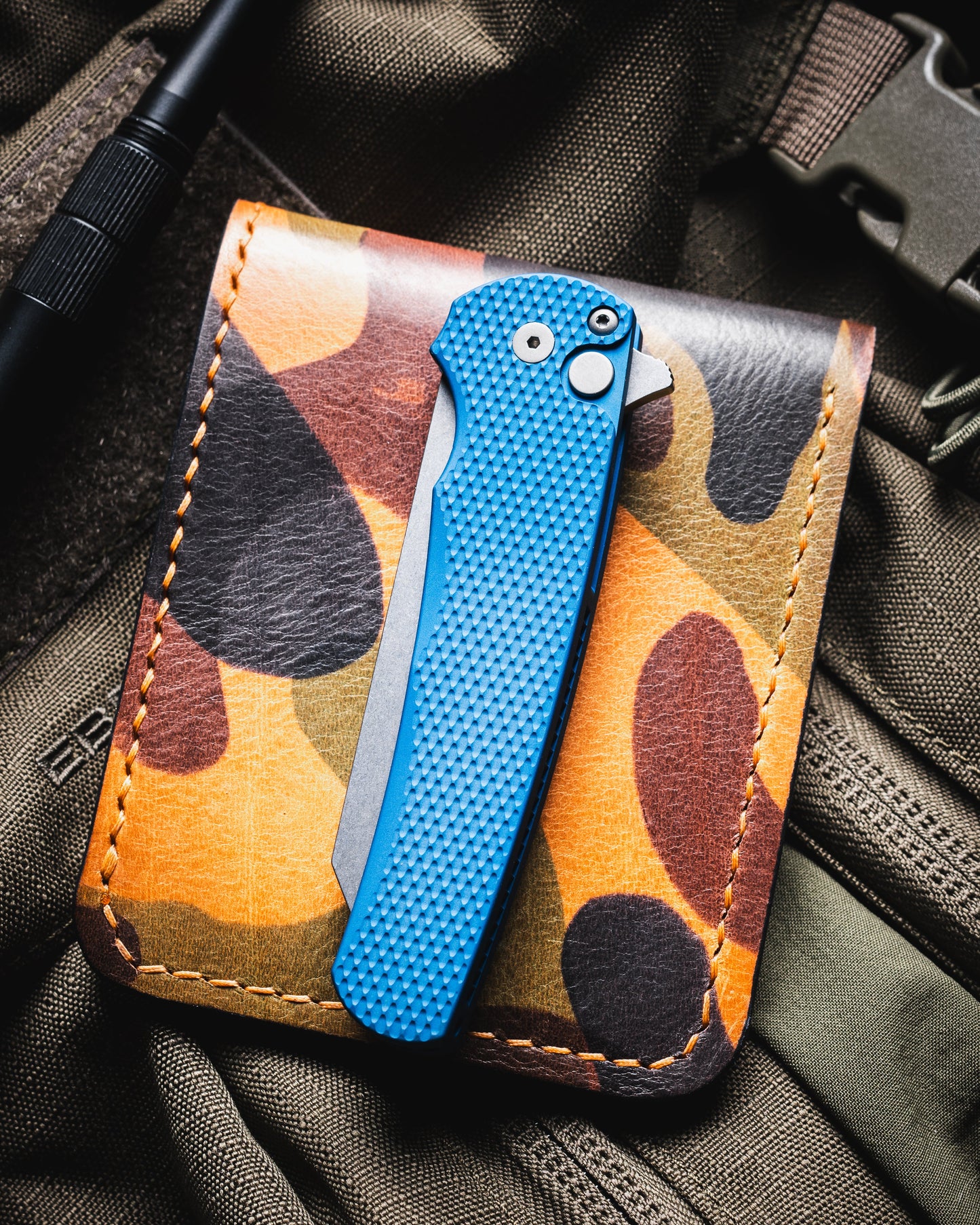 Pro-Tech Malibu Folding Knife Textured Blue Handles Stonewashed Magnacut Reverse Tanto Blade