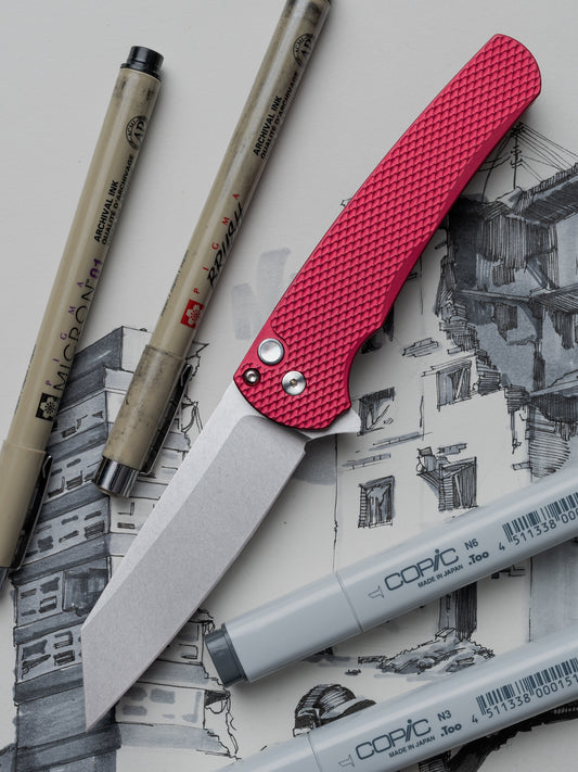 Pro-Tech Malibu 5405 LTD-Red – MagnaCut Reverse Tanto, Textured Red Handle, Gold Lip Pearl Button