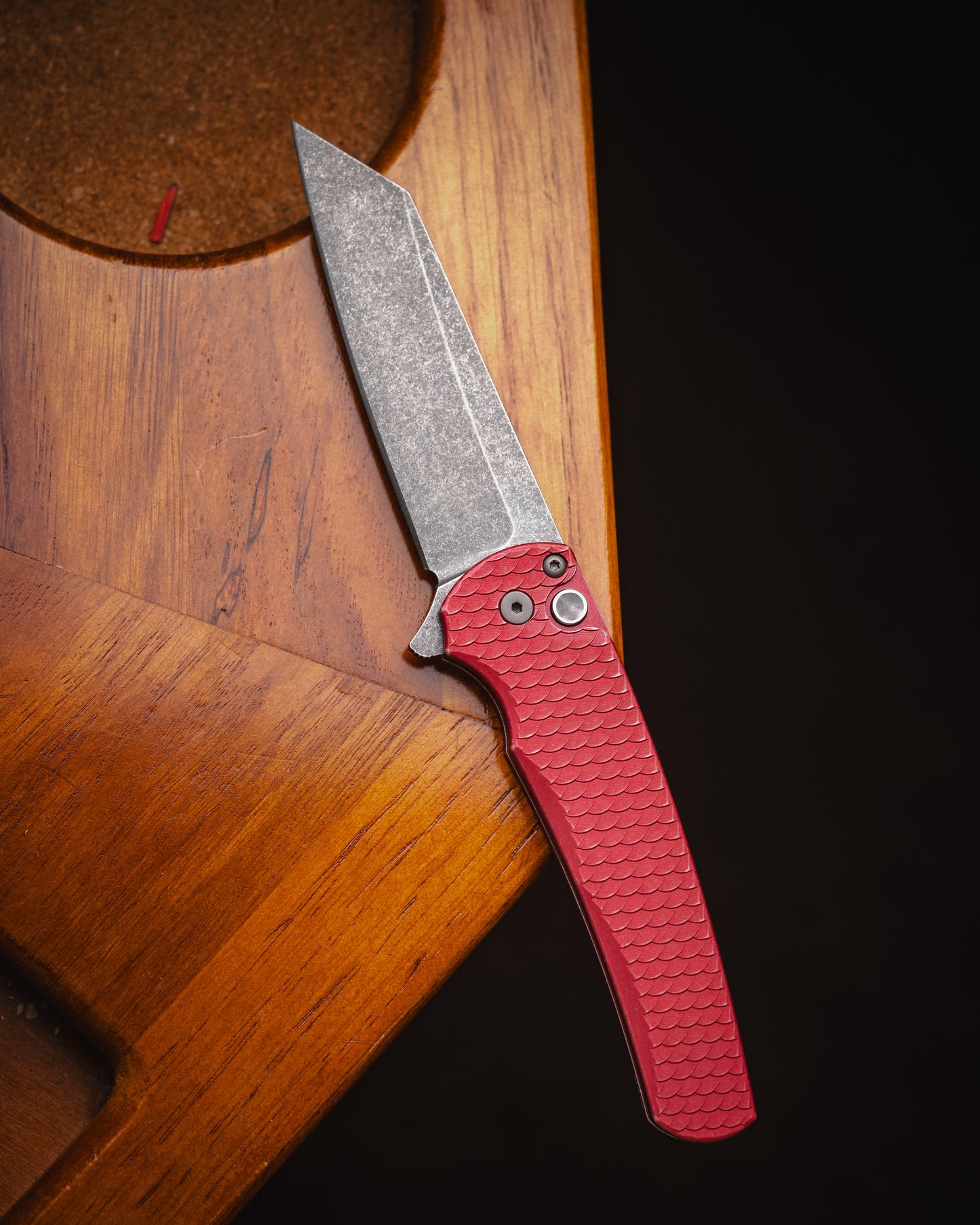 Pro-Tech Malibu Battleworn Red Dragon Scale Handle Acid Wash Magnacut Reverse Tanto Blade