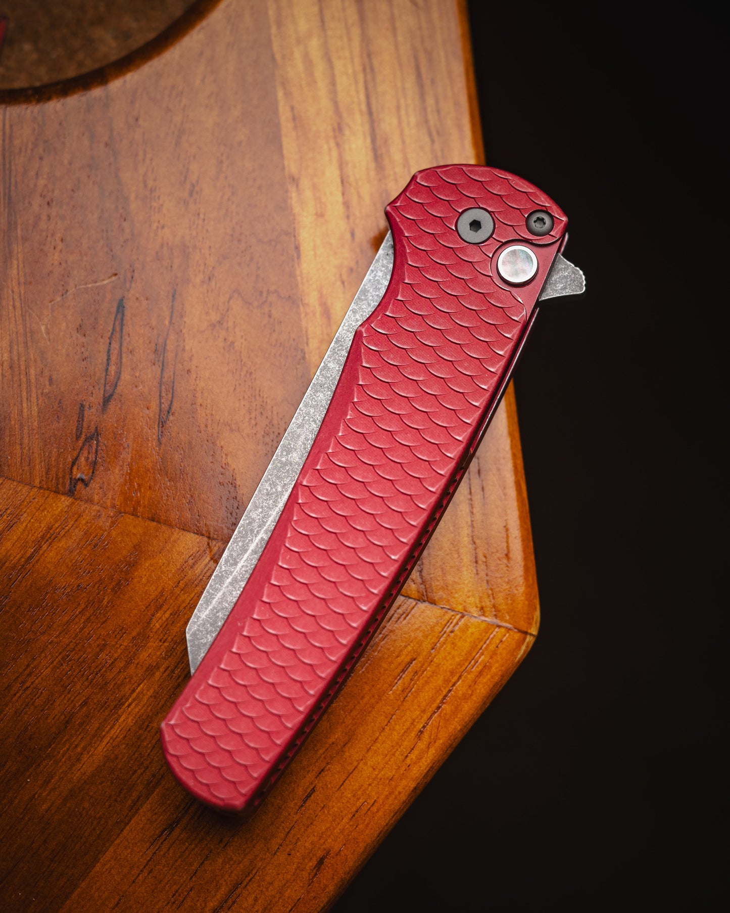 Pro-Tech Malibu Battleworn Red Dragon Scale Handle Acid Wash Magnacut Reverse Tanto Blade