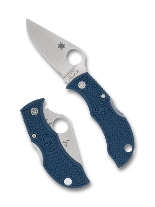 Spyderco Manbug MPCBL folding knife open and closed, satin CPM SPY27 blade with cobalt blue FRN handle