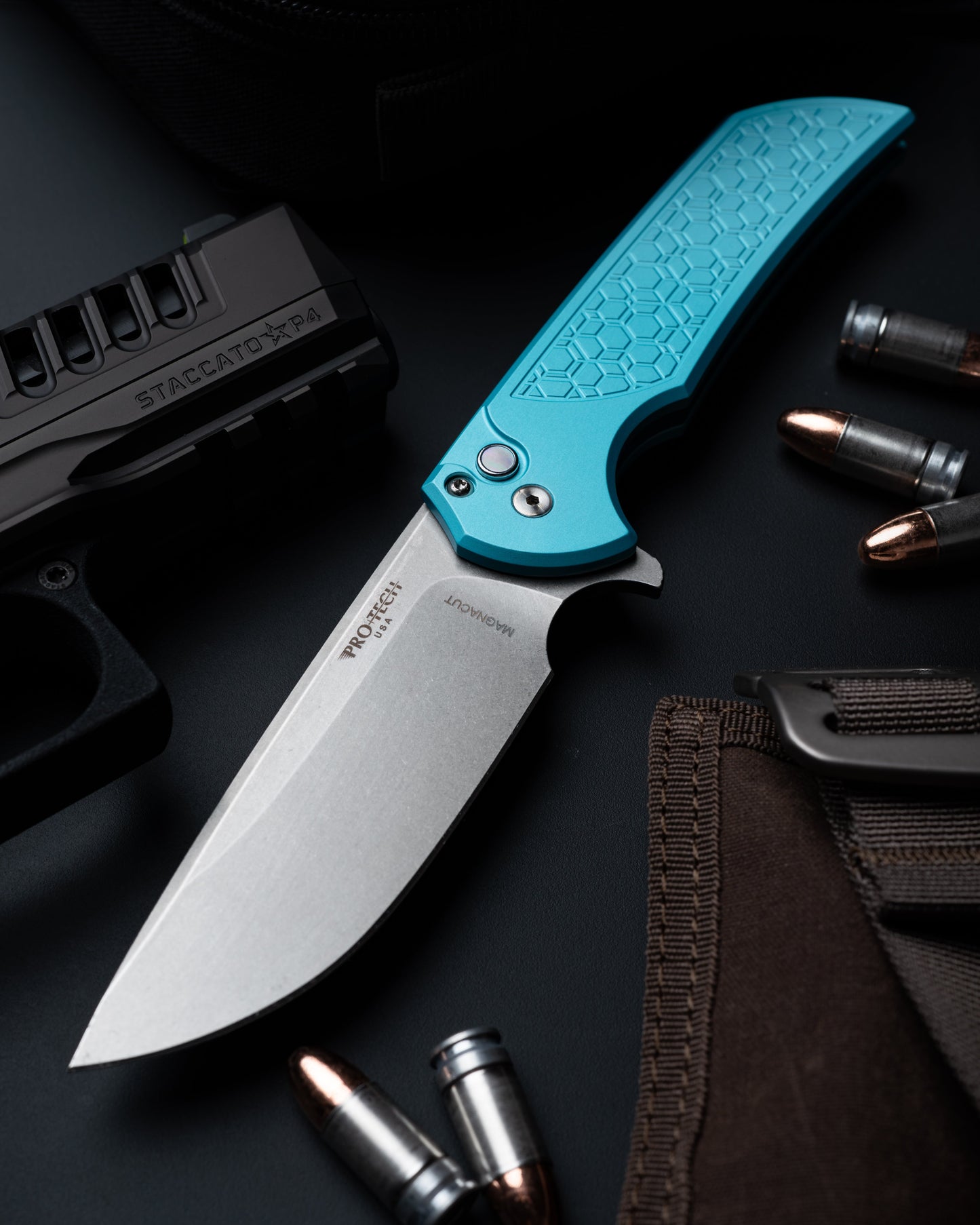 Pro-Tech Mordax Folding Knife Black T. Blue Textured Handles Magnacut Blade BSA.Mordax.1