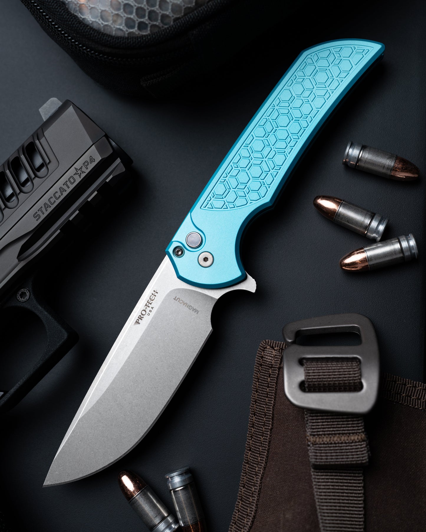 Pro-Tech Mordax Folding Knife Black T. Blue Textured Handles Magnacut Blade BSA.Mordax.1