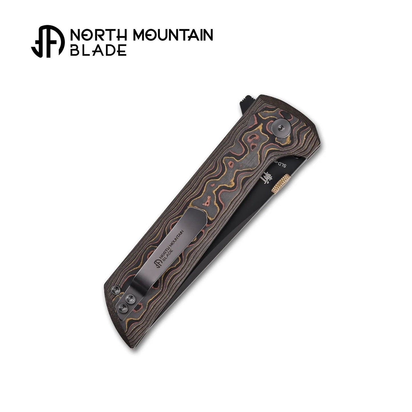 North Mountain Blade CHOP2 – 3.5" Tanto SLD-Magic Copper-Inlaid Carbon Fiber .45-Style Thumb Disc (2406-CUCF-DLC)