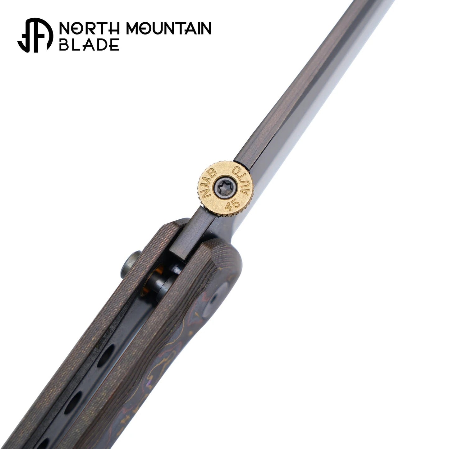 North Mountain Blade CHOP2 – 3.5" Tanto SLD-Magic Copper-Inlaid Carbon Fiber .45-Style Thumb Disc (2406-CUCF-DLC)