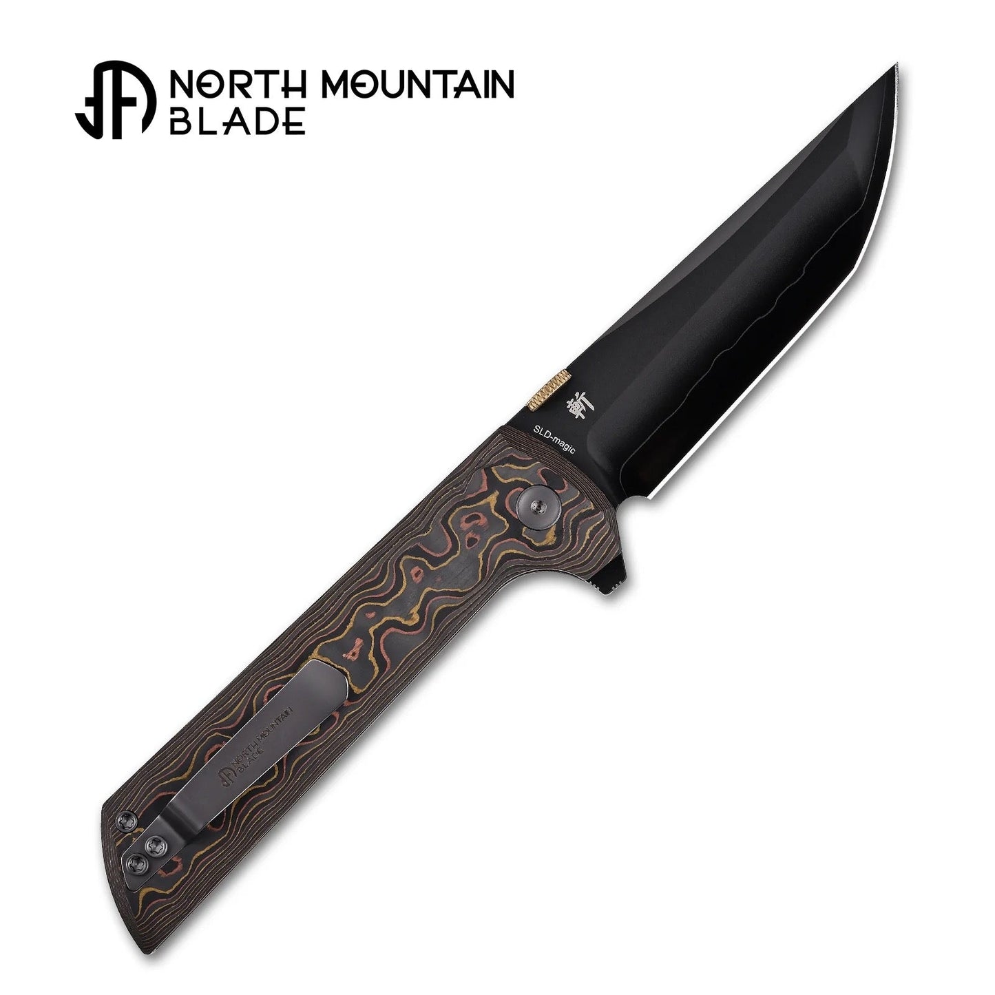 North Mountain Blade CHOP2 – 3.5" Tanto SLD-Magic Copper-Inlaid Carbon Fiber .45-Style Thumb Disc (2406-CUCF-DLC)