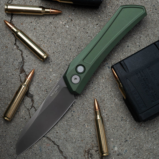 Pro-Tech DS121-Green Oligarch Smokey Grey DLC Magnacut Blade Green Aluminum Handles