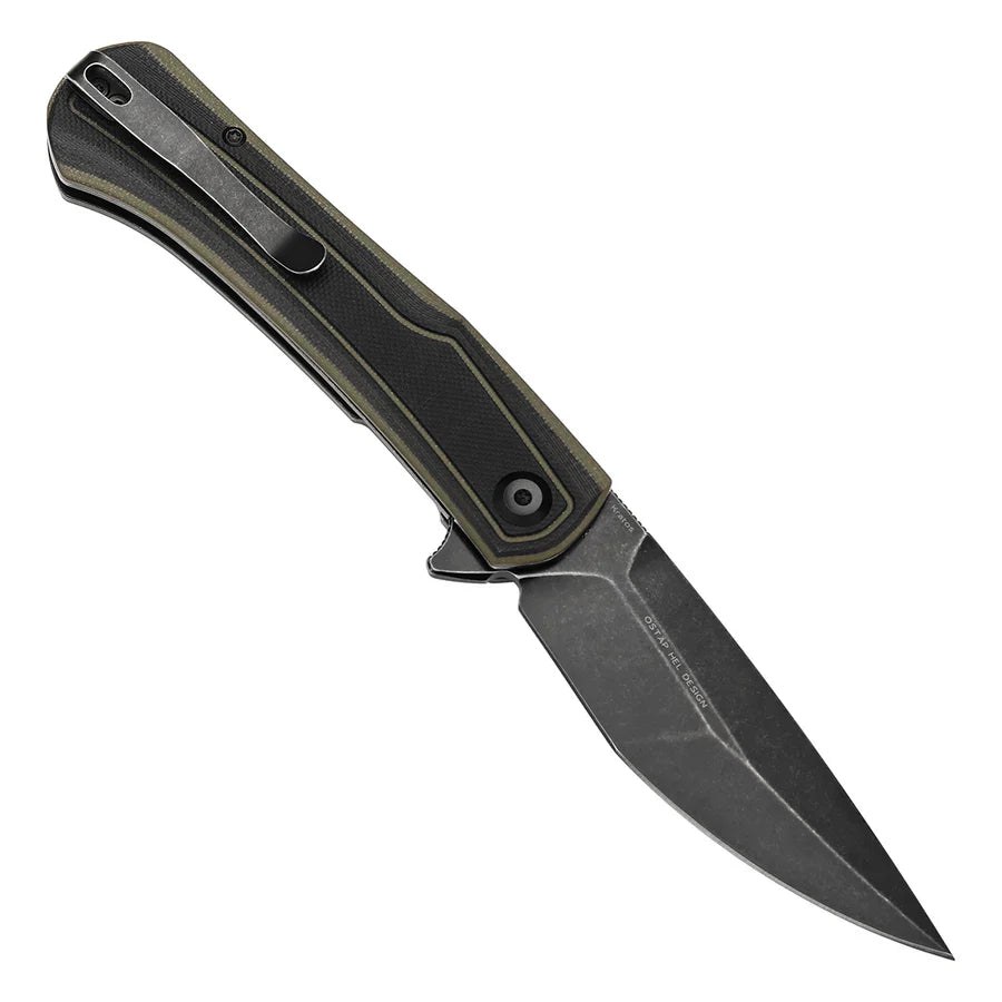 Tenable Kratos T1024A4 – 3.79" Nitro-V Blackwash Drop Point Blade, Black & Green G10 Handle, Liner Lock – Designed by Ostap Hel