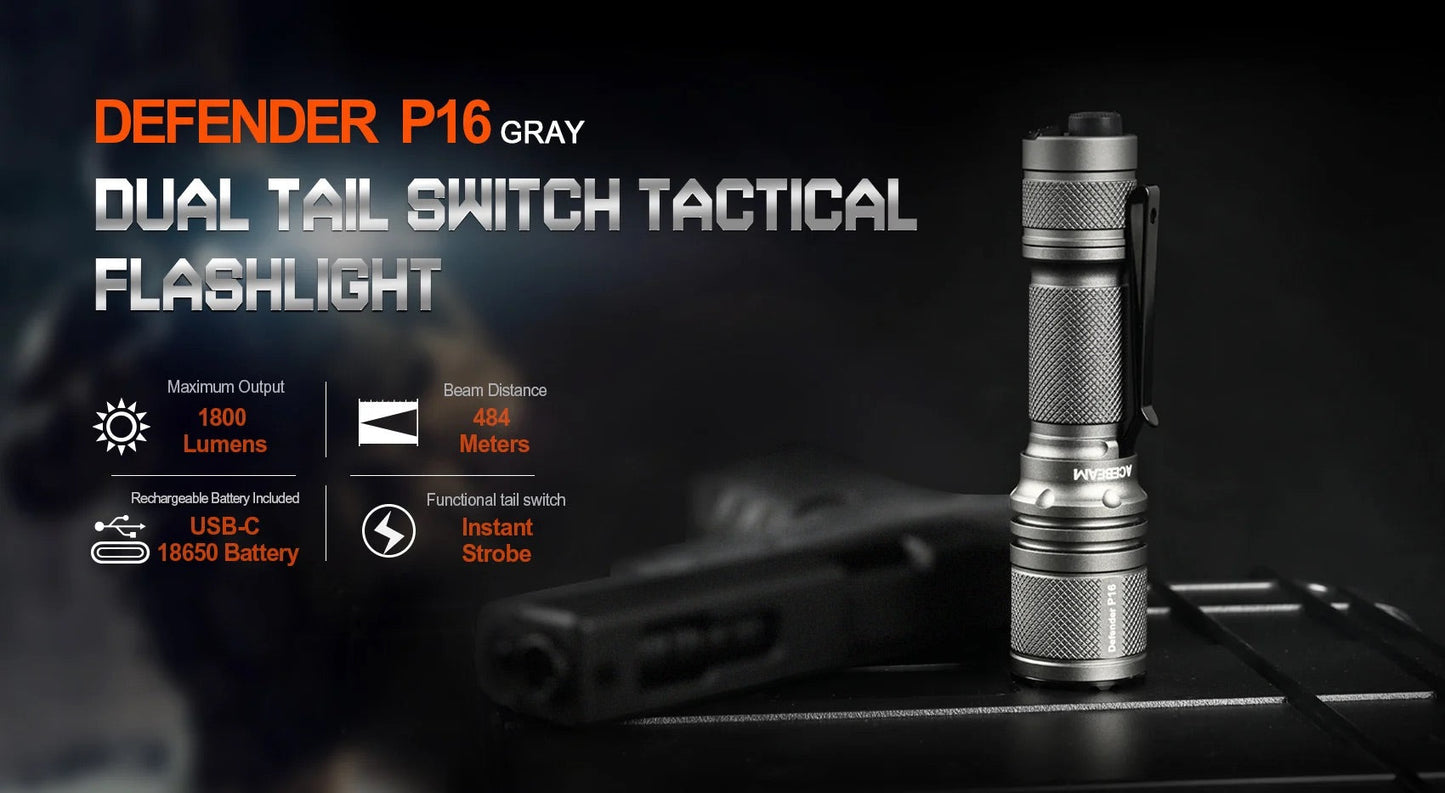 Acebeam Defender P16 GRAY Dual Tail Switch Tactical Flashlight 1,800 Lumens USB-C Rechargeable 18650 Battery