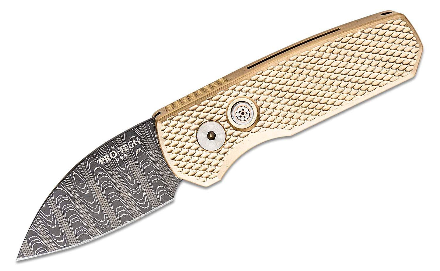 ProTech 5111-D Runt 5 Textured Bronze AL Handle Mosaic Button Chad Nichols Damascus Blade