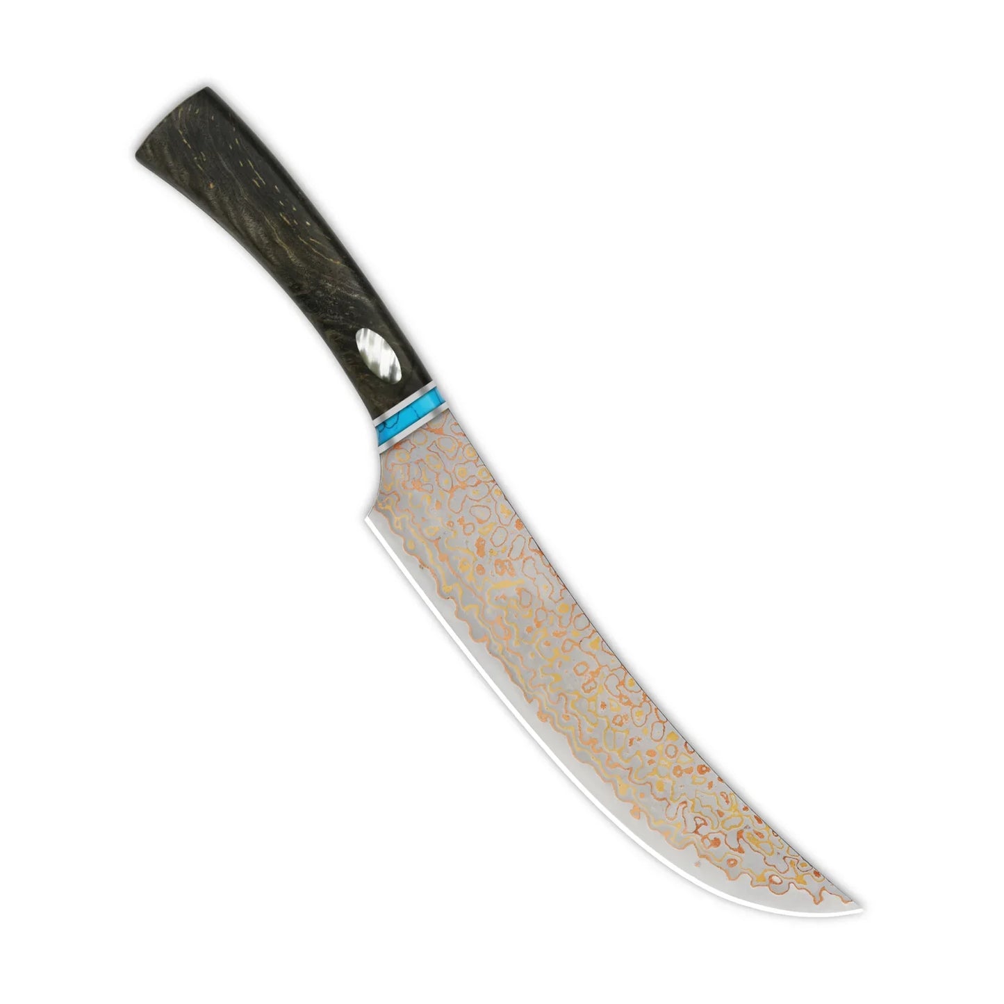 QSP Butcher 7.75" Brass Copper Damascus Stabilized Wood with Abalone Shell inlay QS-KK-006B