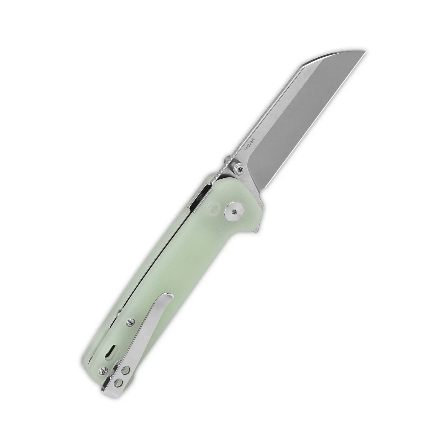 QSP Penguin Button Lock 3.06" 14C28N Stonewashed Blade Jade G10 QS130BL-B1