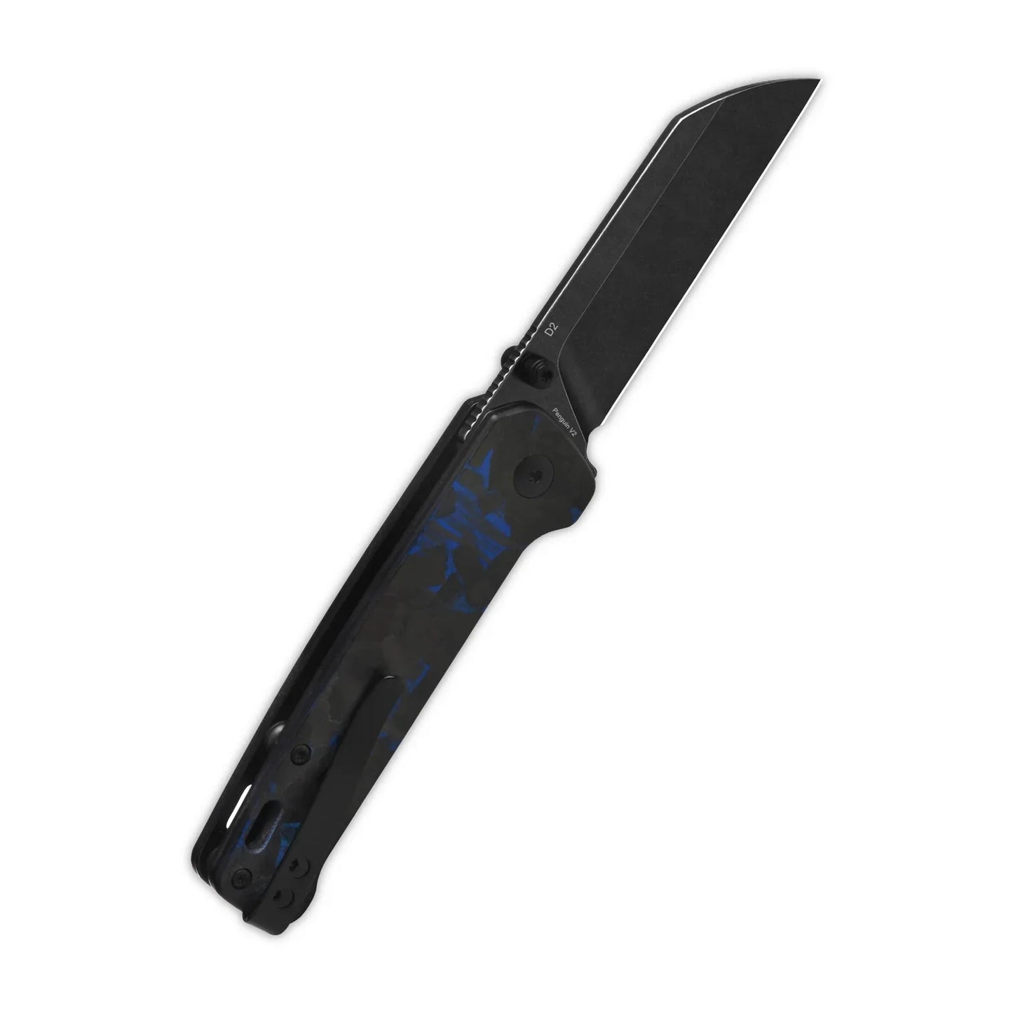 QSP Penguin V2 3.06" D2 blade Blue Shredded CF overlay G10 handle QS130V2-E2