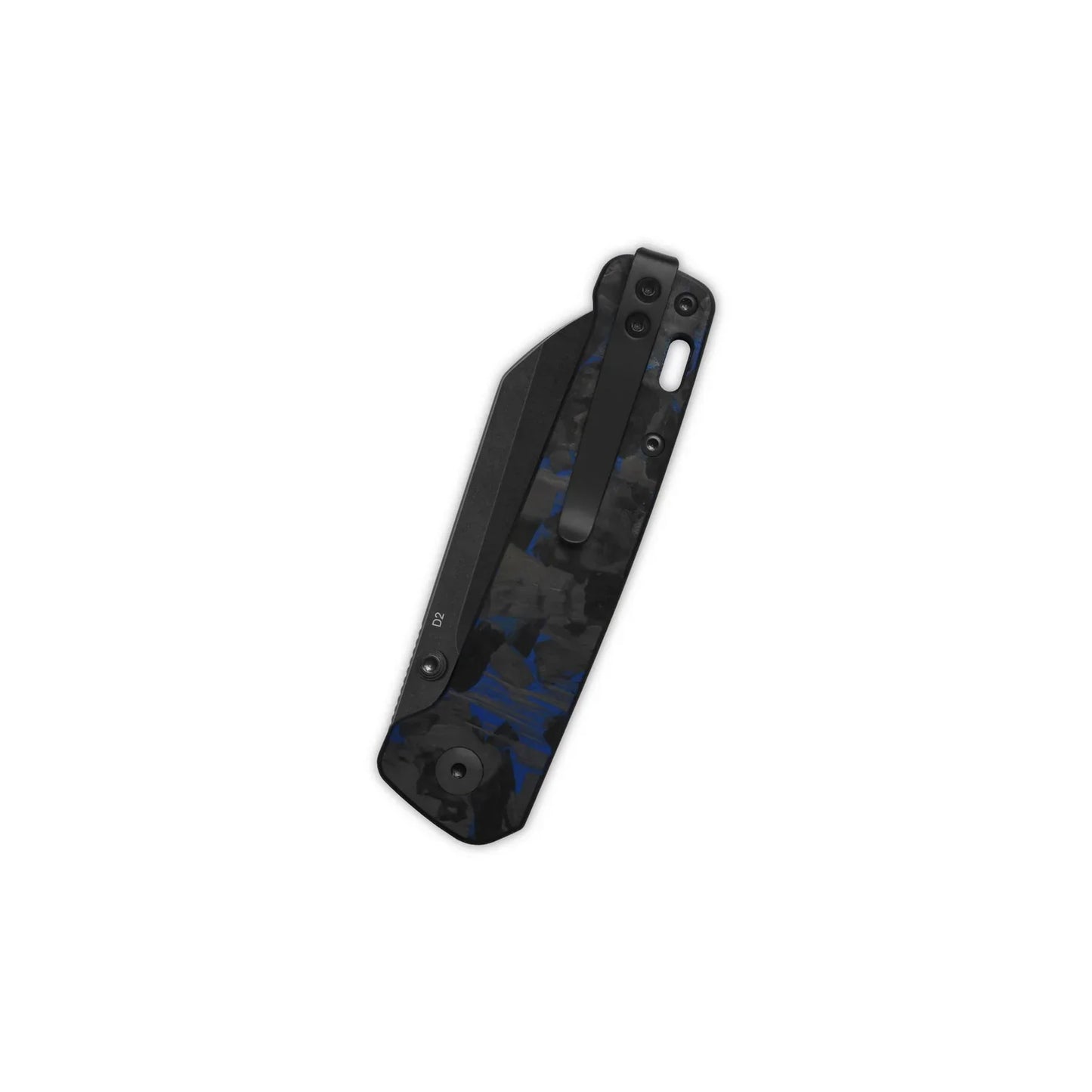 QSP Penguin V2 3.06" D2 blade Blue Shredded CF overlay G10 handle QS130V2-E2