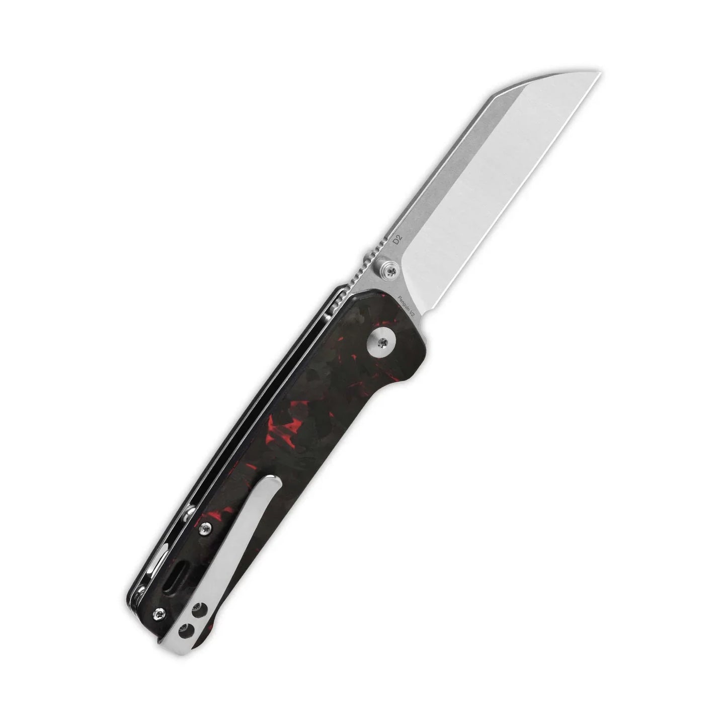 QSP Penguin V2 3.06" D2 blade Red Shredded CF overlay G10 handle QS130V2-F1