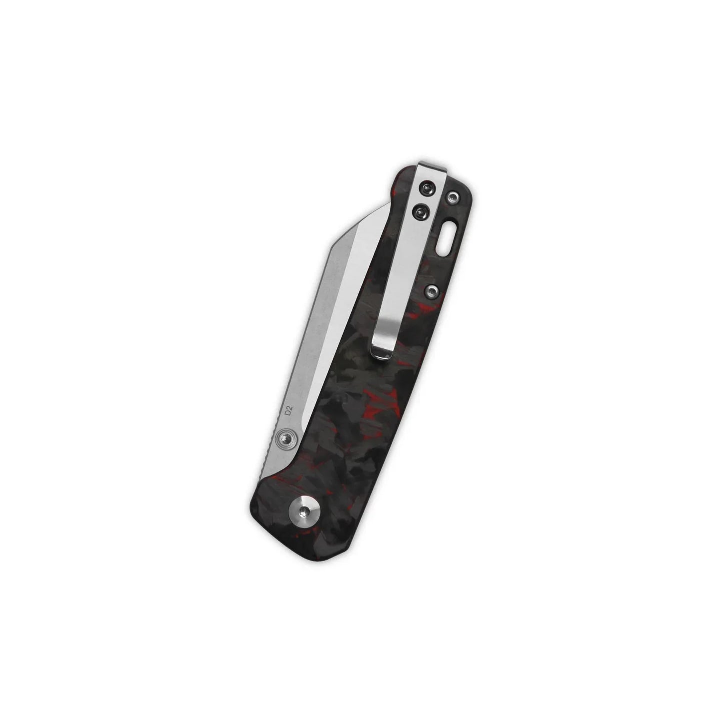 QSP Penguin V2 3.06" D2 blade Red Shredded CF overlay G10 handle QS130V2-F1