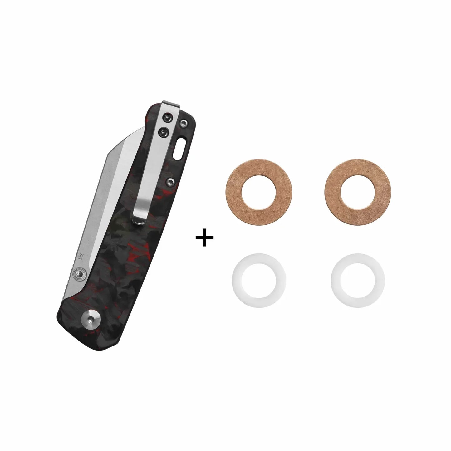 QSP Penguin V2 3.06" D2 blade Red Shredded CF overlay G10 handle QS130V2-F2