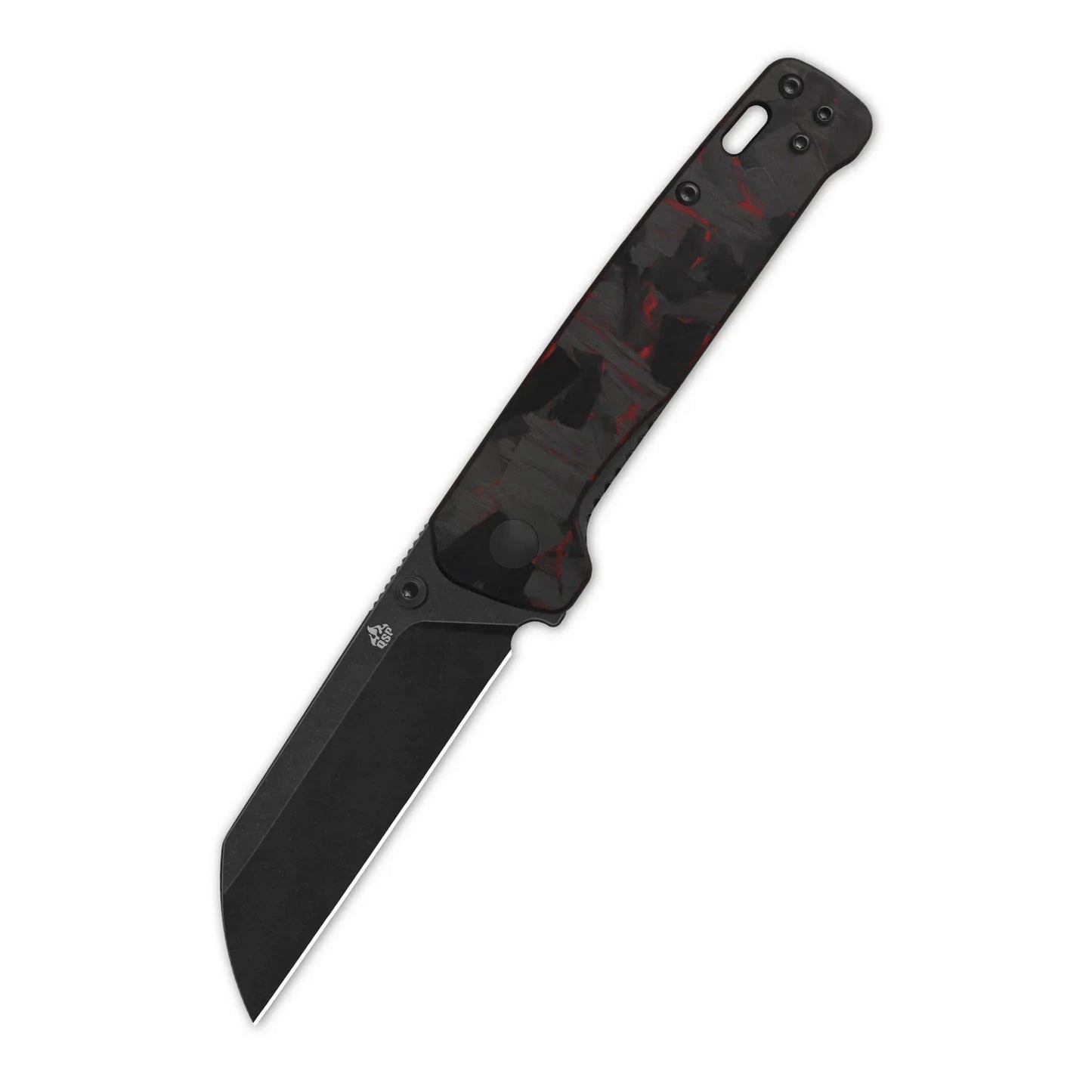 QSP Penguin V2 3.06" D2 blade Red Shredded CF overlay G10 handle QS130V2-F2