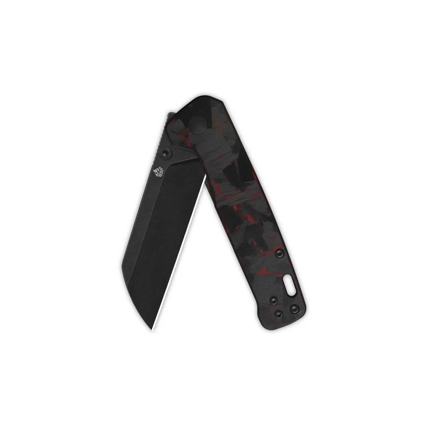 QSP Penguin V2 3.06" D2 blade Red Shredded CF overlay G10 handle QS130V2-F2