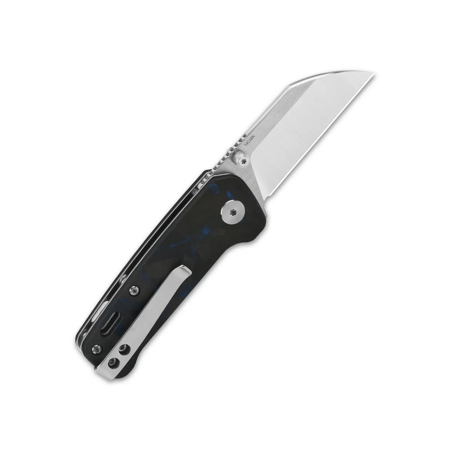 QSP Penguin Mini 2.25" 14C28N 2 Tone Satin Blade Blue Shredded carbon fiber overlay G10 QS130XS-D1