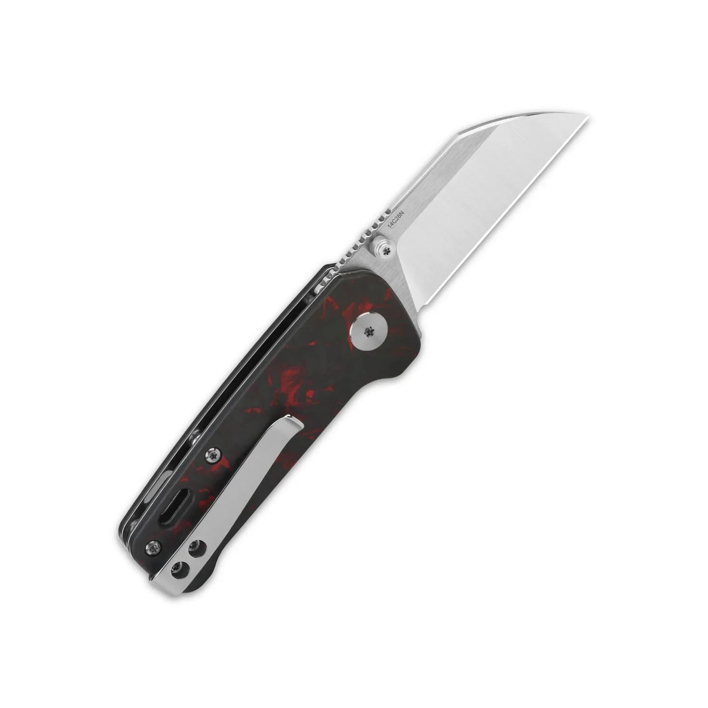QSP Penguin Mini 2.25" 14C28N 2 Tone Satin Blade Red Shredded carbon fiber overlay G10 QS130XS-E1