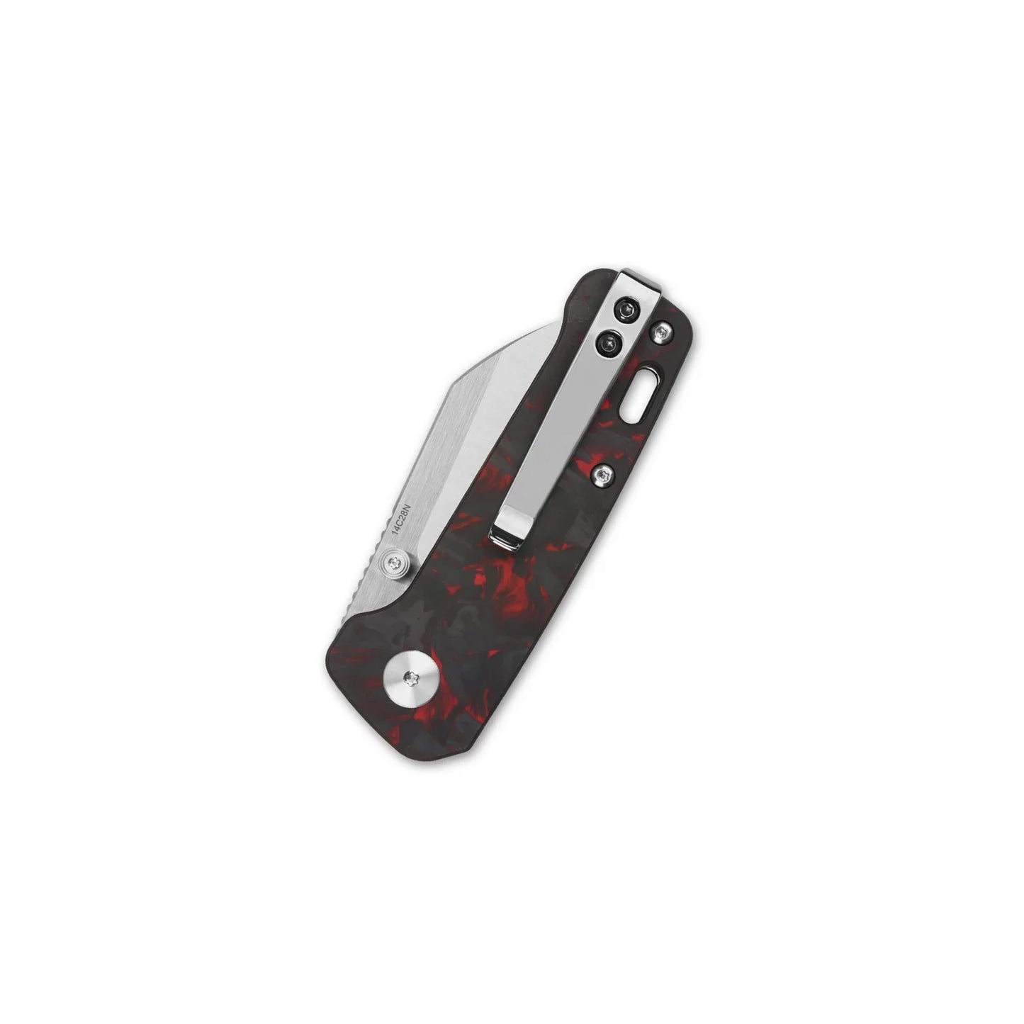 QSP Penguin Mini 2.25" 14C28N 2 Tone Satin Blade Red Shredded carbon fiber overlay G10 QS130XS-E1