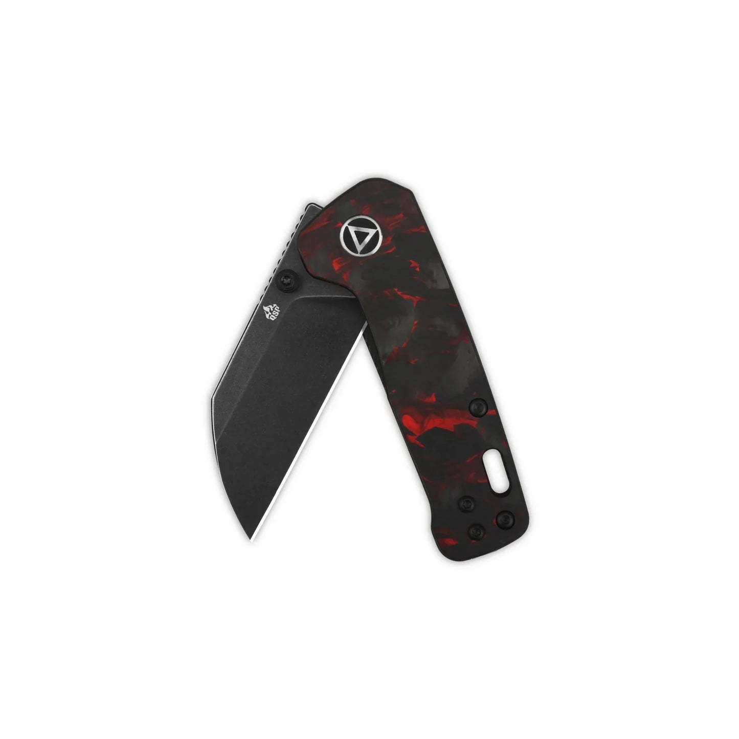 QSP Penguin Mini 2.25" 14C28N Black stonewashed blade Red Shredded carbon fiber overlay G10 QS130XS-E2