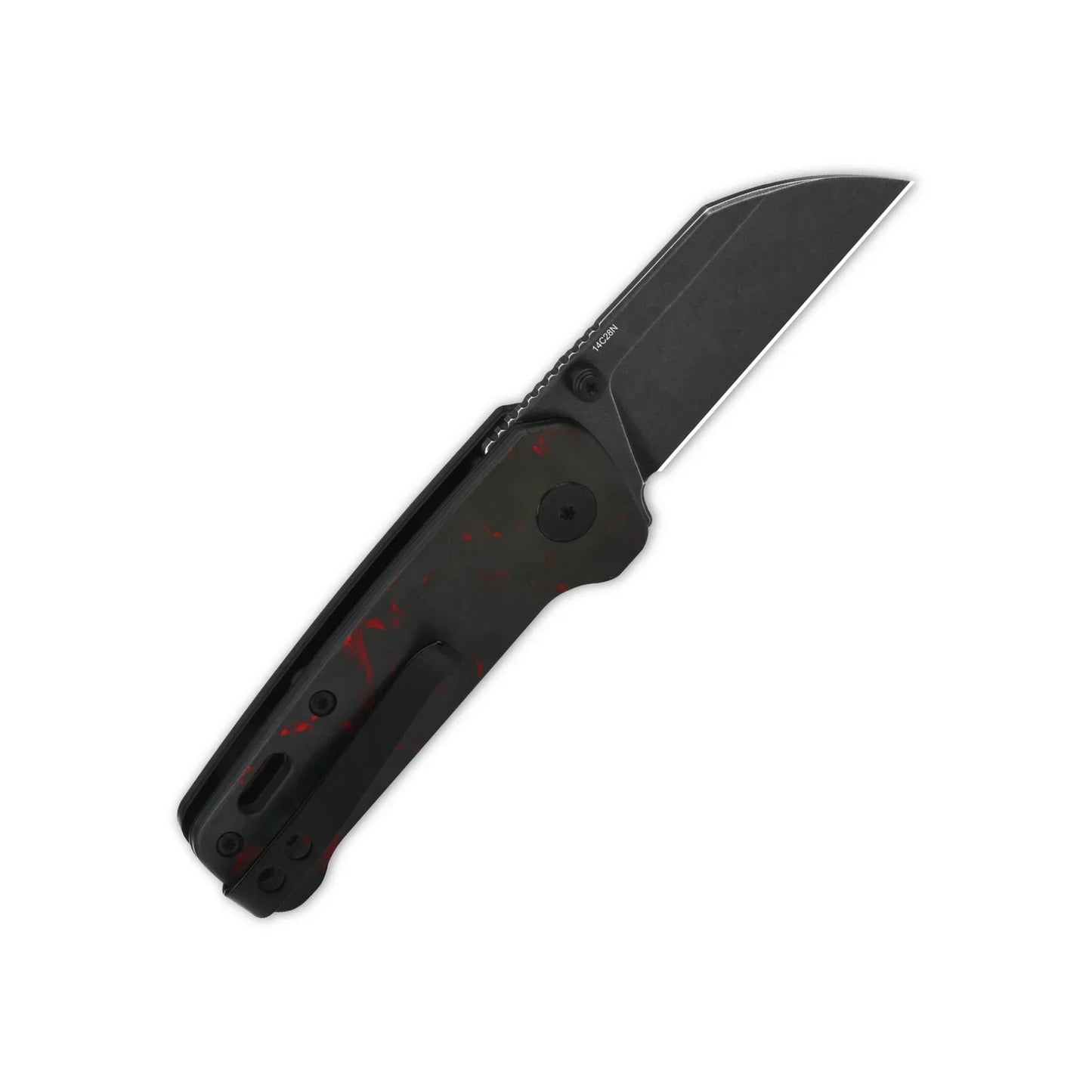 QSP Penguin Mini 2.25" 14C28N Black stonewashed blade Red Shredded carbon fiber overlay G10 QS130XS-E2