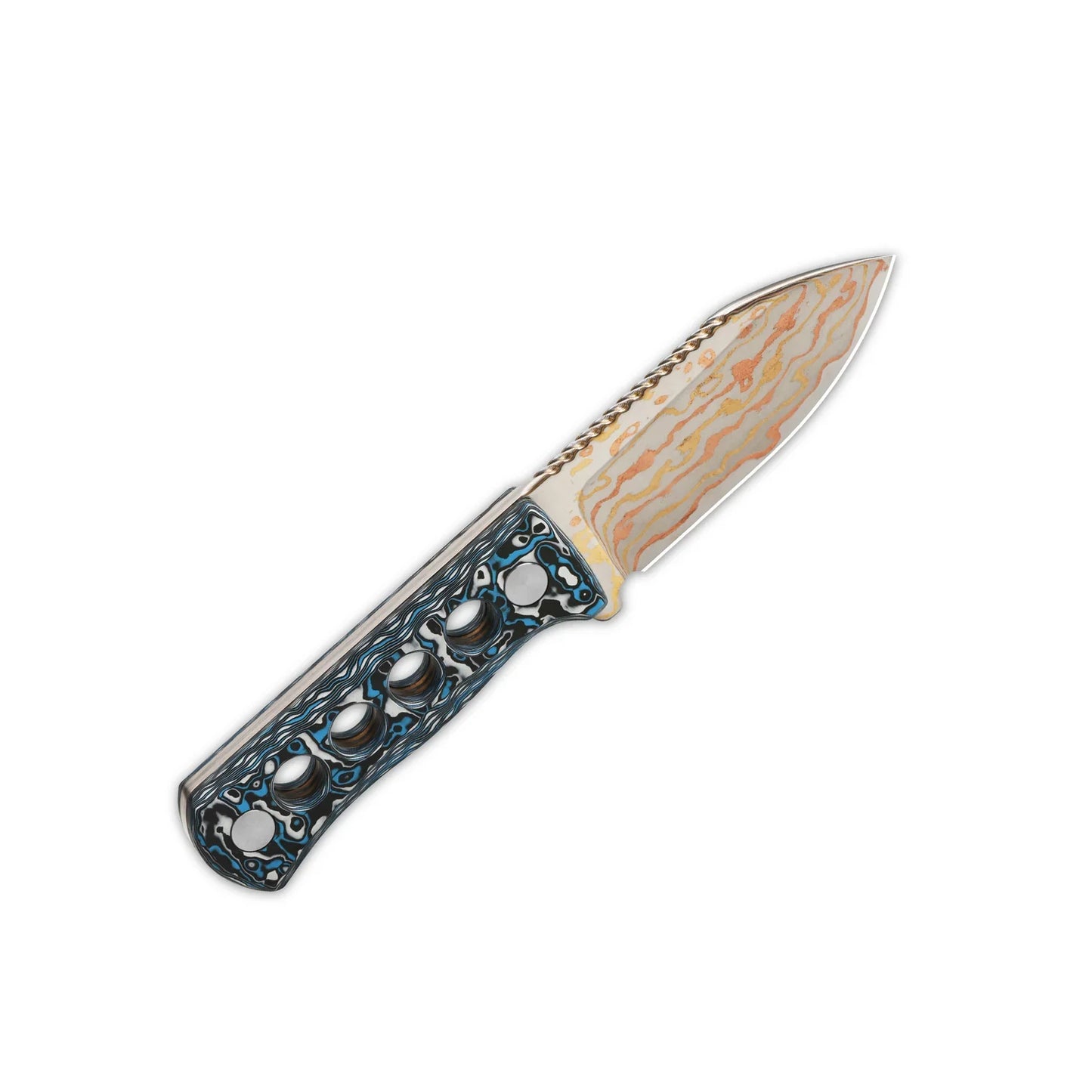 QSP Canary Neck Knife 2.50" Brass Copper Damascus Blue White Camo Copper Damascus QS141-G