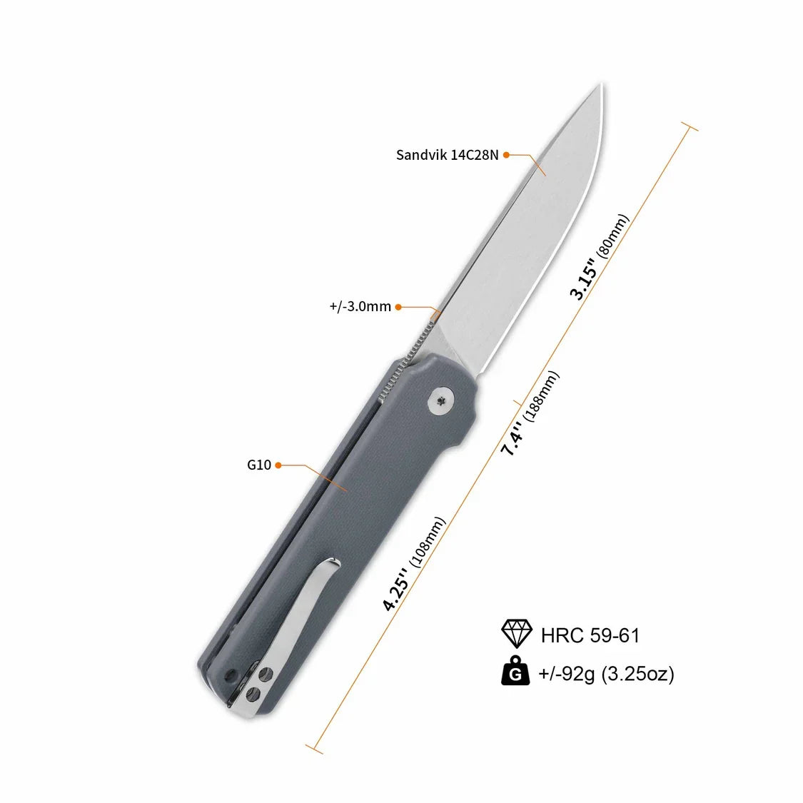 QSP Knife Lark 3.15" 14C28N, Satin Finish G10 QS144-B