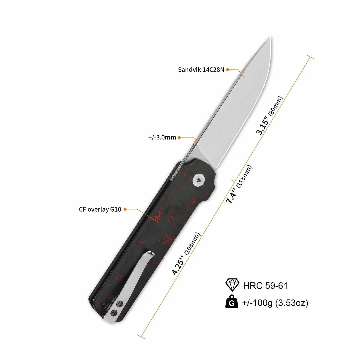 QSP Lark 3.15" 14C28N, satin finish Red Shredded CF overlay G10 QS144-D