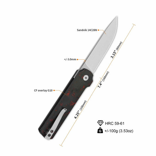 QSP Lark 3.15" 14C28N, satin finish Red Shredded CF overlay G10 QS144-D