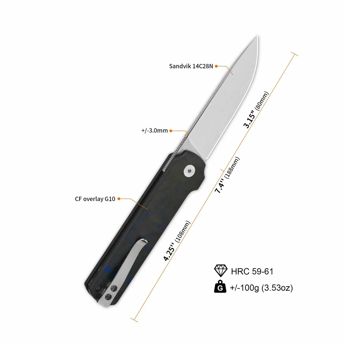 QSP Lark 3.15" 14C28N, satin finish Shredded CF Overlay G10 QS144-E