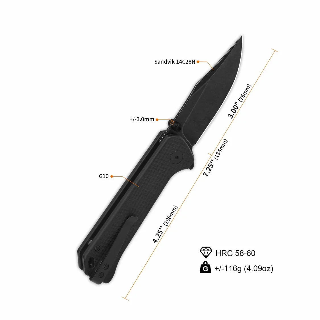 QSP Knife Grebe 3.00'' 14C28N Black G10 QS147-C2